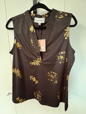 ALEX & PARKER Black Sleeveless V-Neck Blouse with Yellow Floral Print